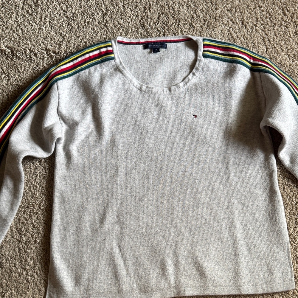 Tommy Hilfiger Cream Crewneck Sweater with Rainbow Shoulder Stripes
